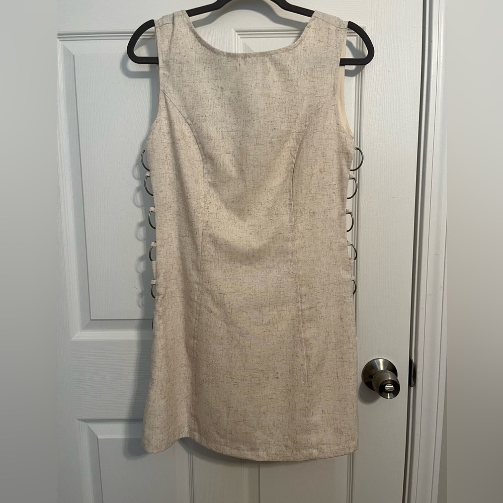 Sleeveless Beige Shift Mini Dress with Side Ring Details